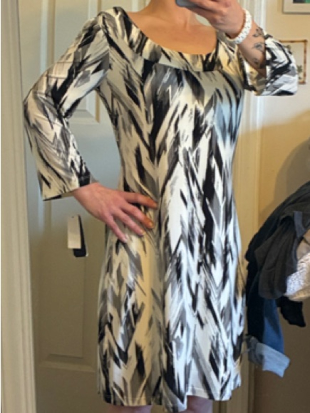 Women's Black and White Patterned Scoop Neck A-Line Dress- NWT